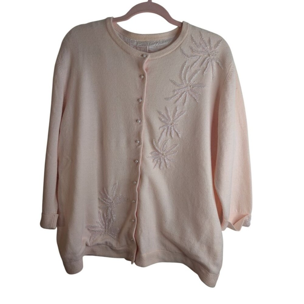 VTG Pink Cardigan Womens Sz XL Pearl Buttons Beaded Romantic Balletcore Coquette